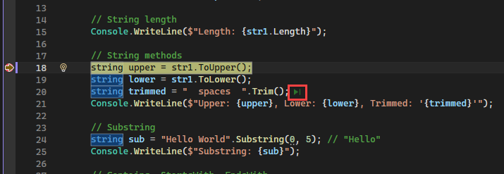 Screenshot del debugger Visual Studio che mostra il pulsante Esegui a clic visualizzato solo a destra di una chiamata a una funzione.