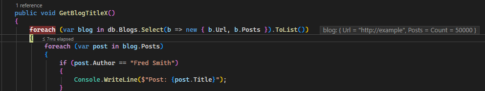 Screenshot che mostra i valori inline per le istruzioni loop.