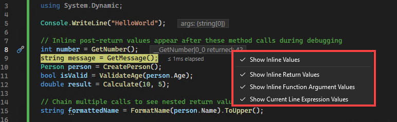 Screenshot che mostra le opzioni per la visualizzazione dei valori restituiti.