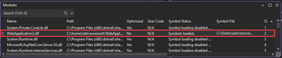 Screenshot della finestra dei file di simboli.