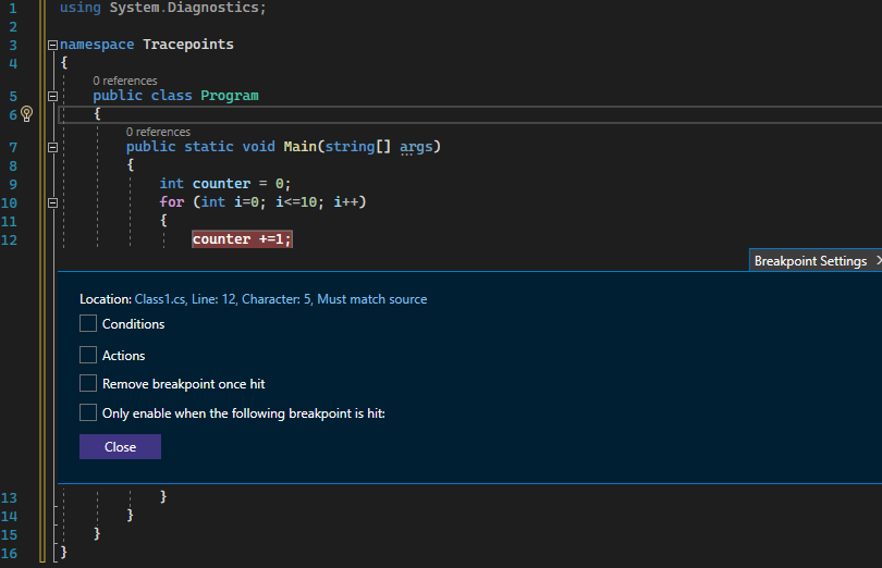 Screenshot che mostra la finestra punto di interruzione.
