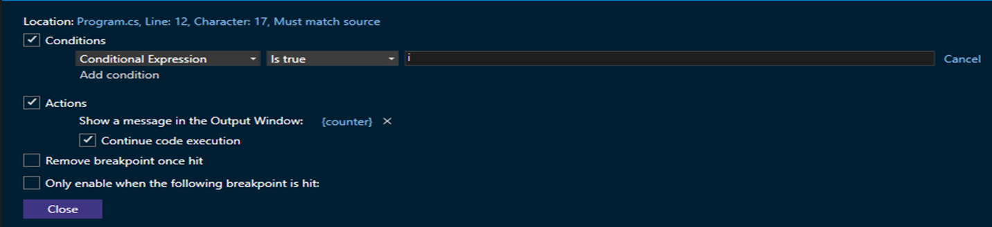 Screenshot che mostra quando viene modificata l'espressione condizionale.