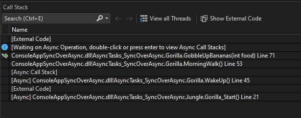 Screenshot dello stack di chiamate dopo aver selezionato Interrompi tutto.