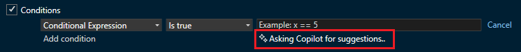 Screenshot di Copilot che mostra i suggerimenti sui punti di interruzione condizionali.