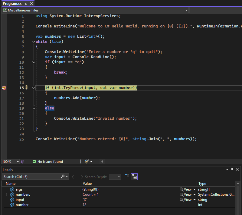 Screenshot di Raggiunto un punto di interruzione.