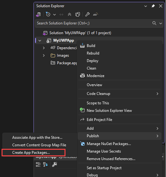 Screenshot che mostra la creazione di un pacchetto dell'app.