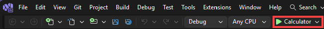 Screenshot che mostra la selezione del pulsante Calcolatrice per eseguire l'app dalla barra degli strumenti di debug.