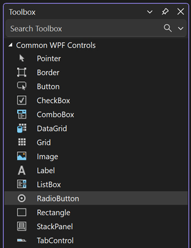 Screenshot della finestra casella degli strumenti con il controllo RadioButton selezionato nell'elenco controlli WPF comuni.