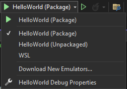 Screenshot che mostra la casella a discesa aperta accanto al pulsante Riproduci con l'opzione 'HelloWorld (pacchetto)' selezionata.