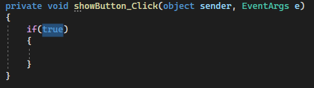 Screenshot mostra il gestore eventi per il pulsante Mostra con il valore true selezionato.