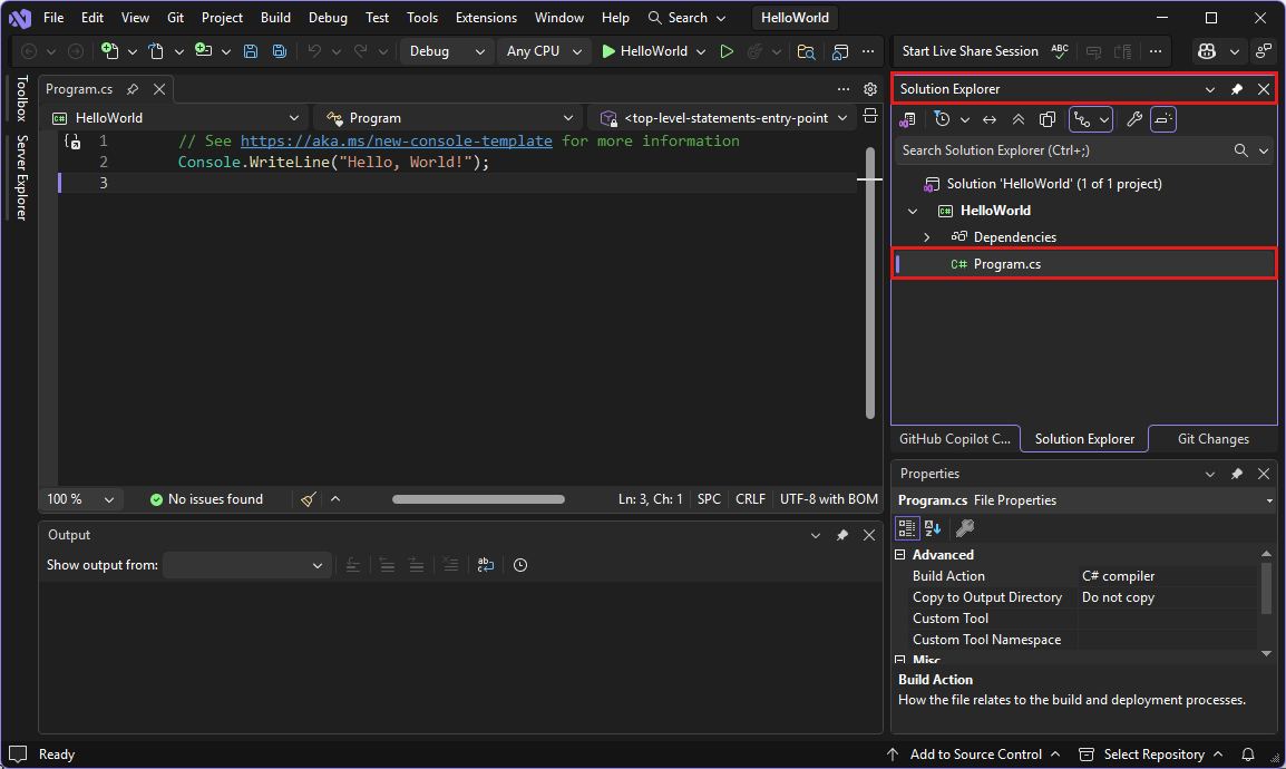 Screenshot che mostra il Visual Studio IDE con il codice Program.cs nell'editor.