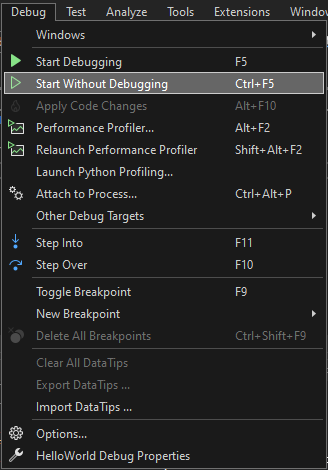 Screenshot che mostra la voce di menu Debug > Start without Debugging in Visual Studio 2022.