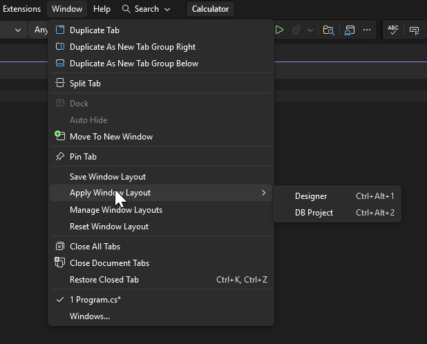 Screenshot del menu Layout della finestra Applica.
