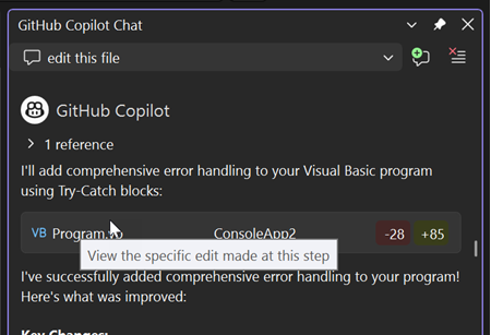 Screenshot che mostra come accedere alle singole differenze di modifica con l'agente di Copilot.