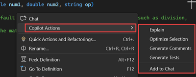 Screenshot delle azioni di Copilot nel menu di scelta rapida.