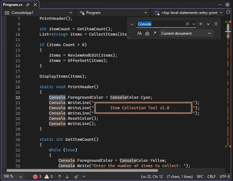 Screenshot della finestra di dialogo Trova e sostituisci nell'editor in Visual Studio.