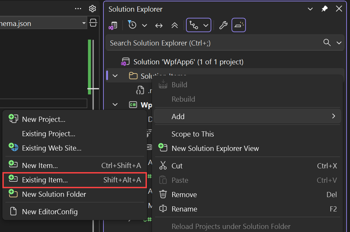 Screenshot che mostra come aggiungere il percorso del file di configurazione MCP agli elementi della soluzione.