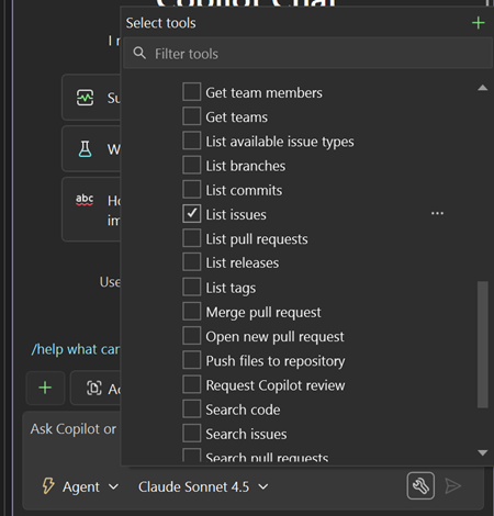 Screenshot che mostra gli strumenti GitHub MCP.