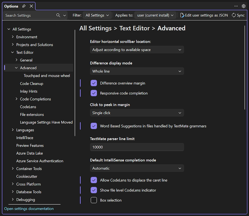 Screenshot delle opzioni Tutte le impostazioni, Editor di testo e Avanzate in Visual Studio.