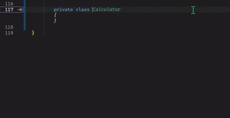Screenshot animato che mostra un completamento di Copilot in linea in cui il passaggio del mouse evidenzia un segmento e facendo clic accetta il completamento fino alla posizione del cursore.