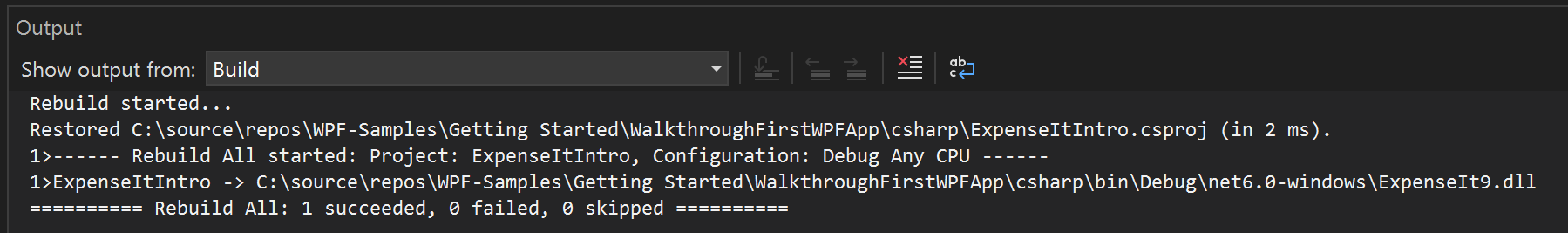 Screenshot della finestra Output per C# senza avvisi di compilazione
