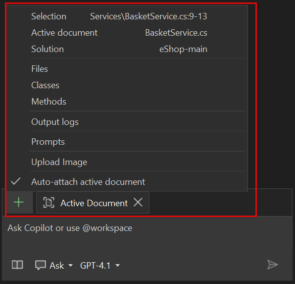 Screenshot del contesto implicito in Copilot Chat.