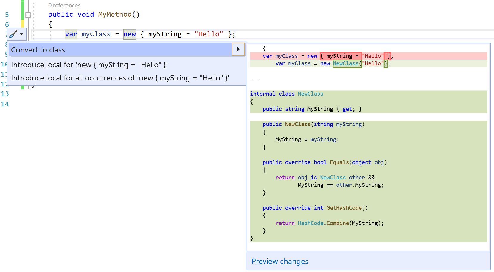 Screenshot di Convert Anonymous Type to Class (Converti tipo anonimo in classe).