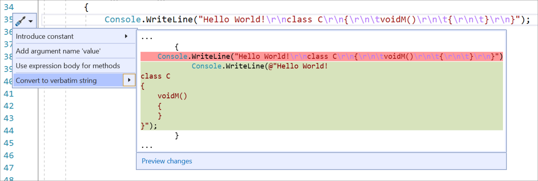 Screenshot di Converti in stringa verbatim.
