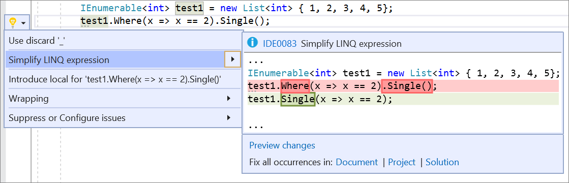 Screenshot di Semplificare l'espressione LINQ.