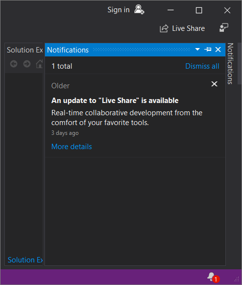 Screenshot della finestra Notifiche nell'IDE di Visual Studio.