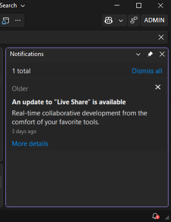 Screenshot della finestra Notifiche nell'IDE di Visual Studio.