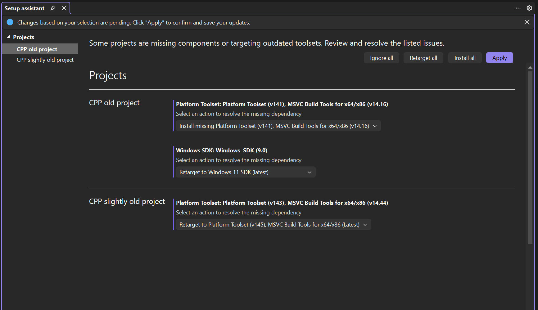 Screenshot dell'Assistente configurazione C++.