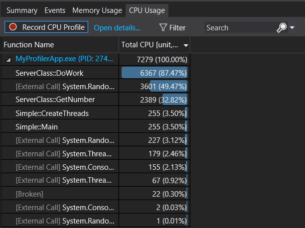 Screenshot che mostra l'elenco delle funzioni di utilizzo della CPU degli strumenti di diagnostica.