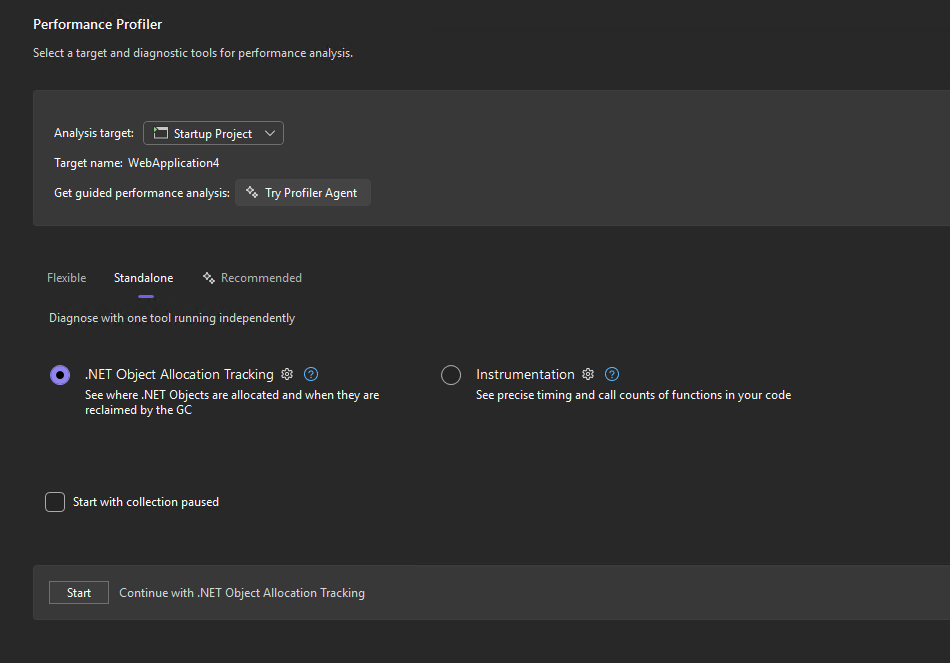 Screenshot che mostra la casella di controllo Rilevamento dell'allocazione di oggetti .NET selezionata.