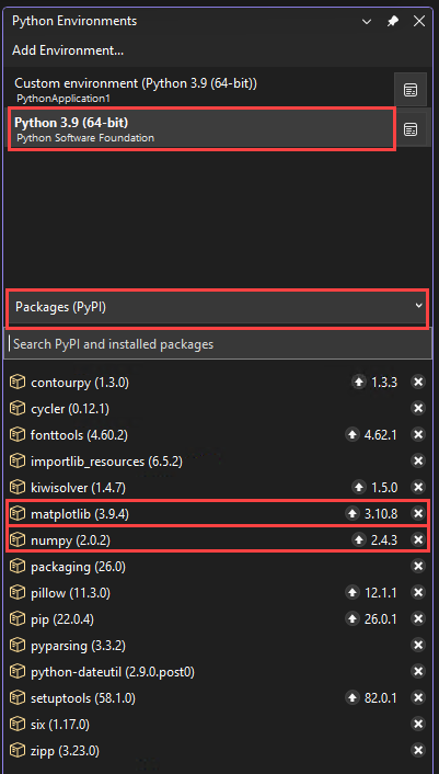 Screenshot che mostra i pacchetti matplotlib e numpy appena installati per l'ambiente selezionato nella finestra Ambienti Python in Visual Studio.