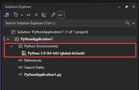 Screenshot che mostra il nodo Ambienti Python in Esplora Soluzioni, in Visual Studio.