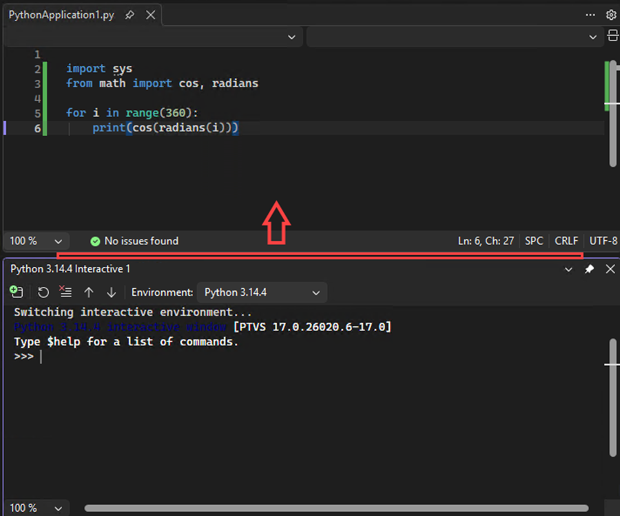 Screenshot che mostra come spostare il separatore per aumentare le dimensioni della finestra interattiva in Visual Studio.