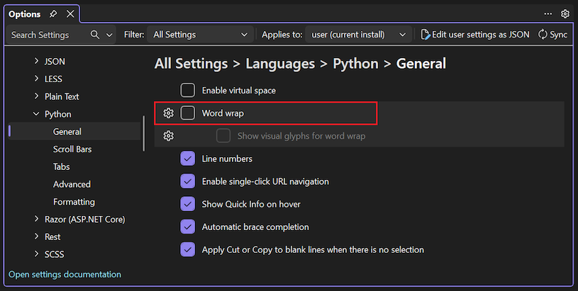 Screenshot che mostra come abilitare il ritorno a capo automatico per Python in Visual Studio.