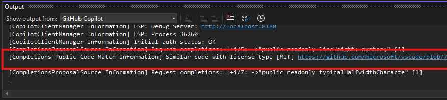 Finestra di output di GitHub Copilot con informazioni sulla corrispondenza del codice pubblico