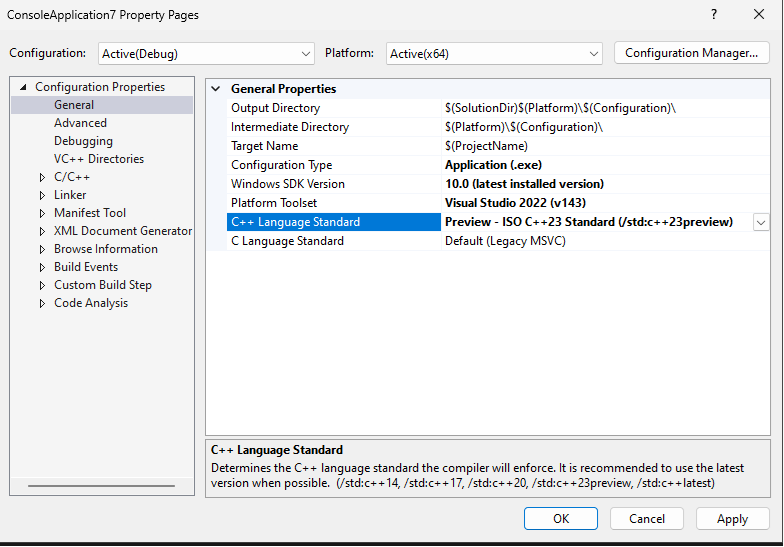 Standard del linguaggio C++ nella scheda Generale impostata su c++23preview