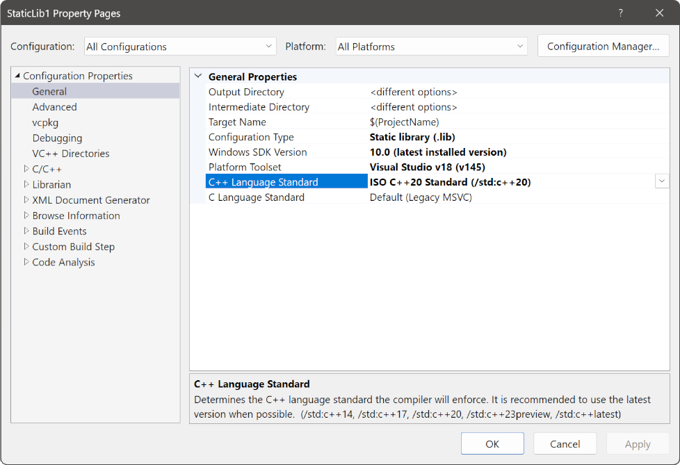 Screenshot della finestra di dialogo delle proprietà del progetto che mostra l'opzione C++20 selezionata come standard di linguaggio C++ predefinito