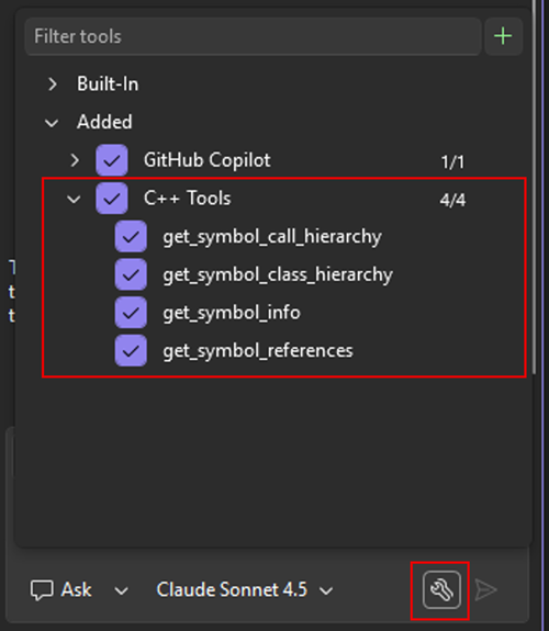 Elenco degli strumenti C++ disponibili nelle impostazioni di Chat copilot