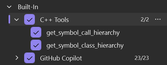 Elenco degli strumenti C++ disponibili nelle impostazioni di Chat copilot