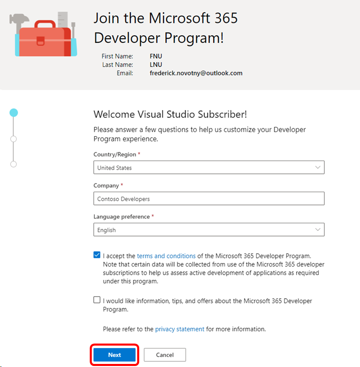 Schermata iniziale di Microsoft 365 Developer