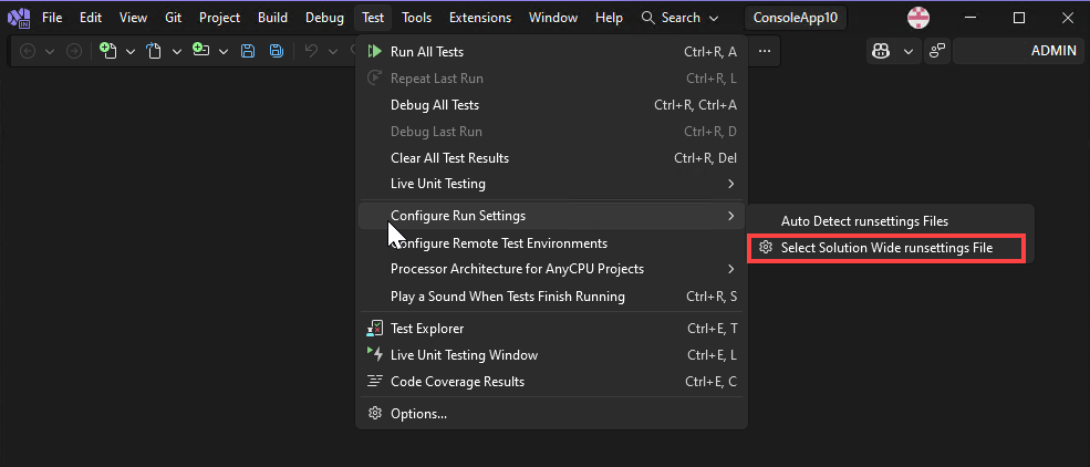 Screenshot del menu Selezionare il file runsettings a livello di soluzione in Visual Studio.