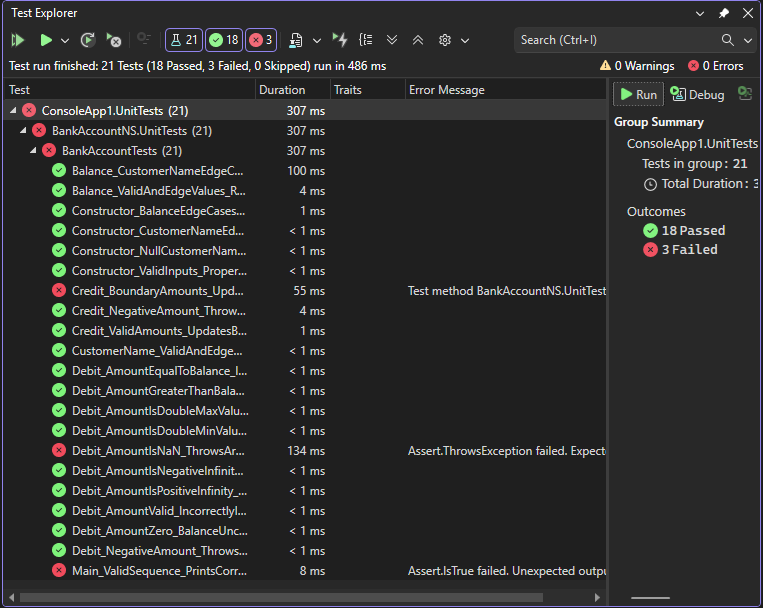 Screenshot dell'output di Test Explorer.