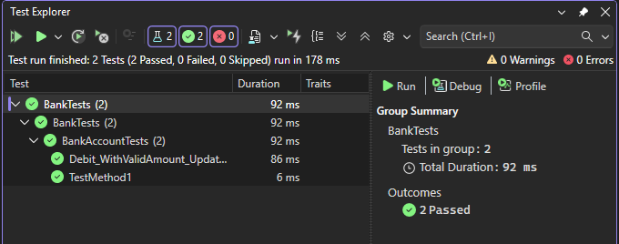 Test Explorer in Visual Studio 2019 che mostra il test