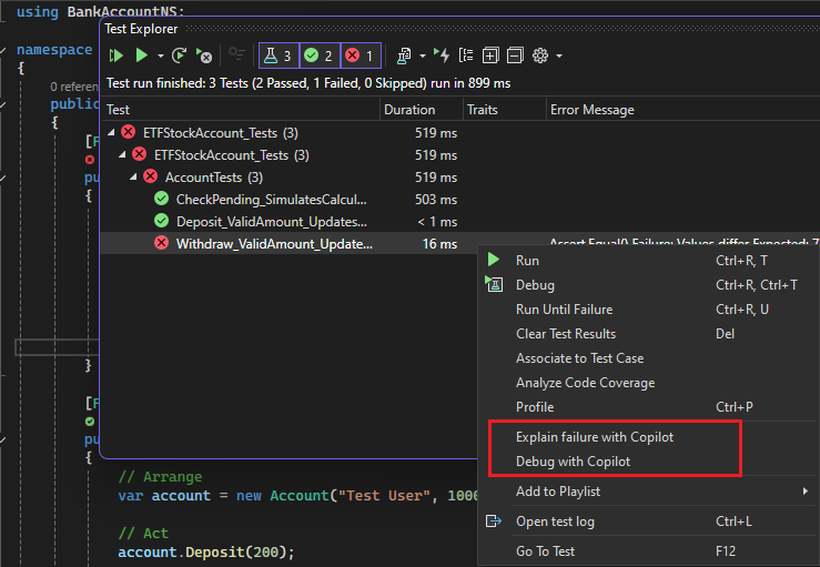 Screenshot dei test di debug con Copilot.