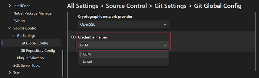 Screenshot che mostra l'opzione 'Credential helper' con 'GCM' selezionata nell'elenco a discesa.