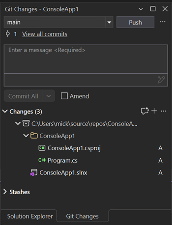 Screenshot che mostra la finestra Modifiche Git in Visual Studio.